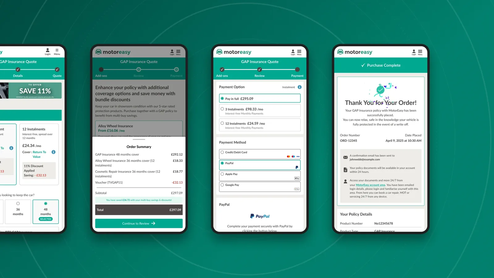 Four phones showing the redesigned GAP quote journey: the Quote step, Add-ons with the order summary open, Payment, and the confirmation page.