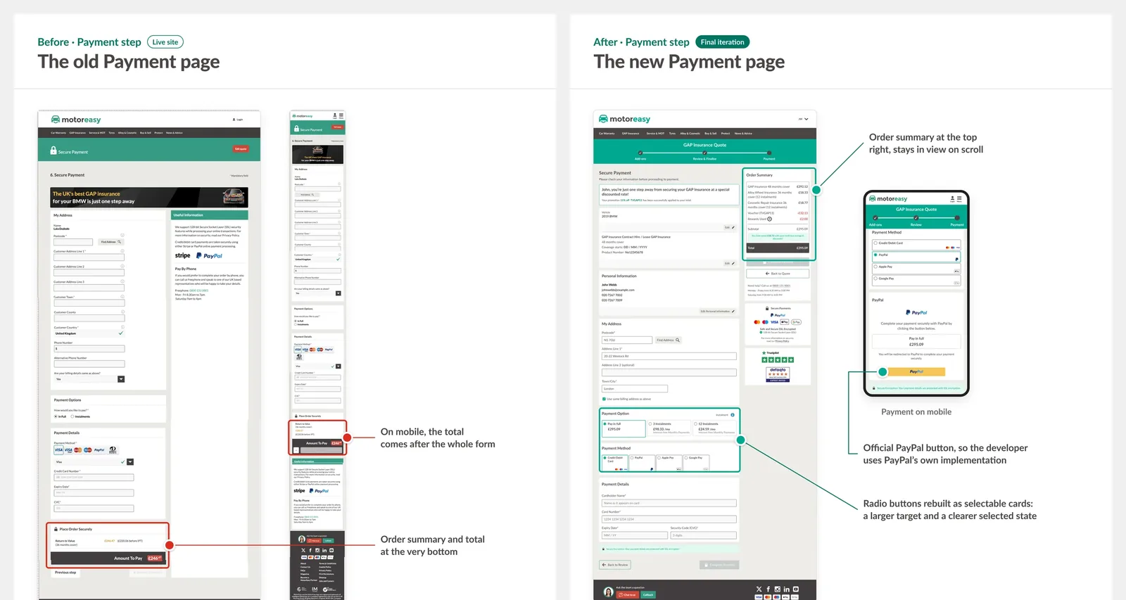 Before and after of the Payment step: the order summary moves from the bottom of the page to the top right, and payment choices become cards.