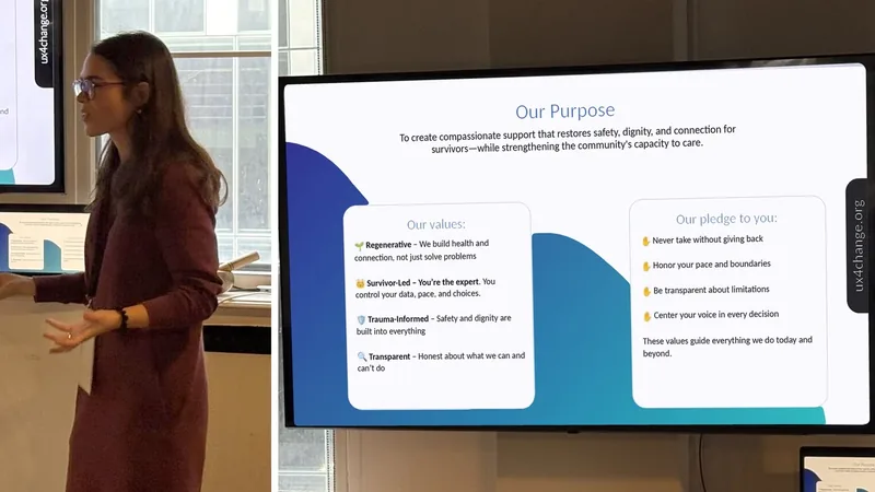 A fellow presenting beside a screen showing Pillow's purpose, 'To create compassionate support that restores safety, dignity, and connection for survivors', with its four values and its pledge to survivors.