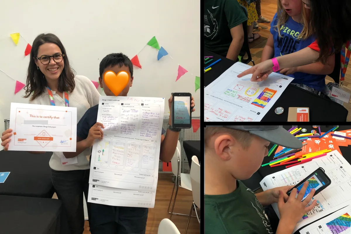 A mentor and a child holding up a Design Club certificate and a worksheet, beside photos of children sketching and testing app ideas on paper.