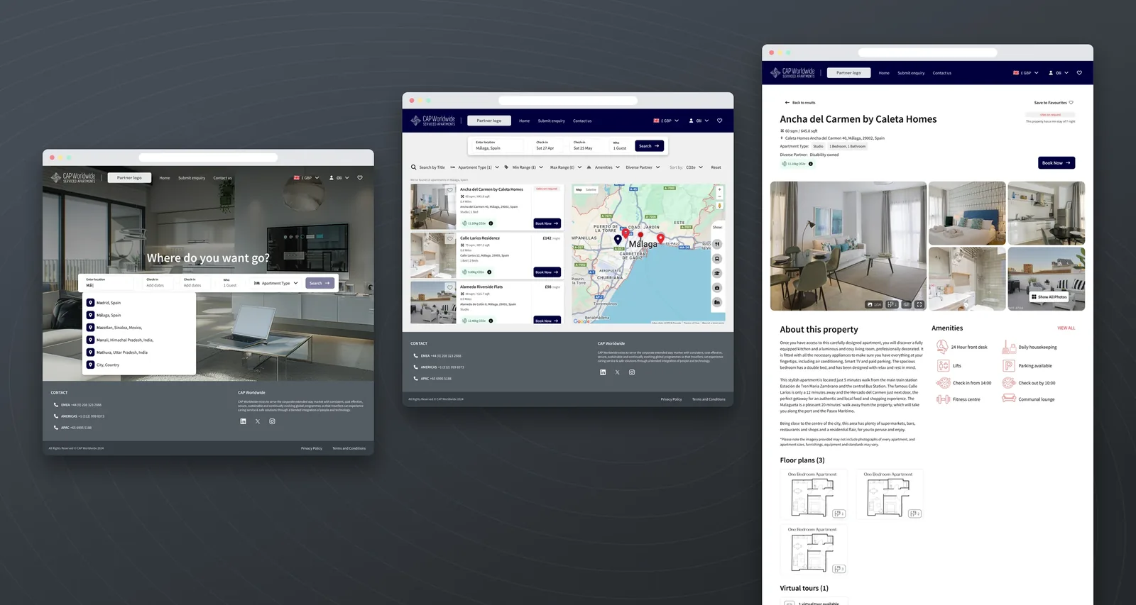 Three CAPStore desktop screens: the home page search with location suggestions, search results for Málaga as a list beside a map, and a property page with photos, amenities and floor plans.