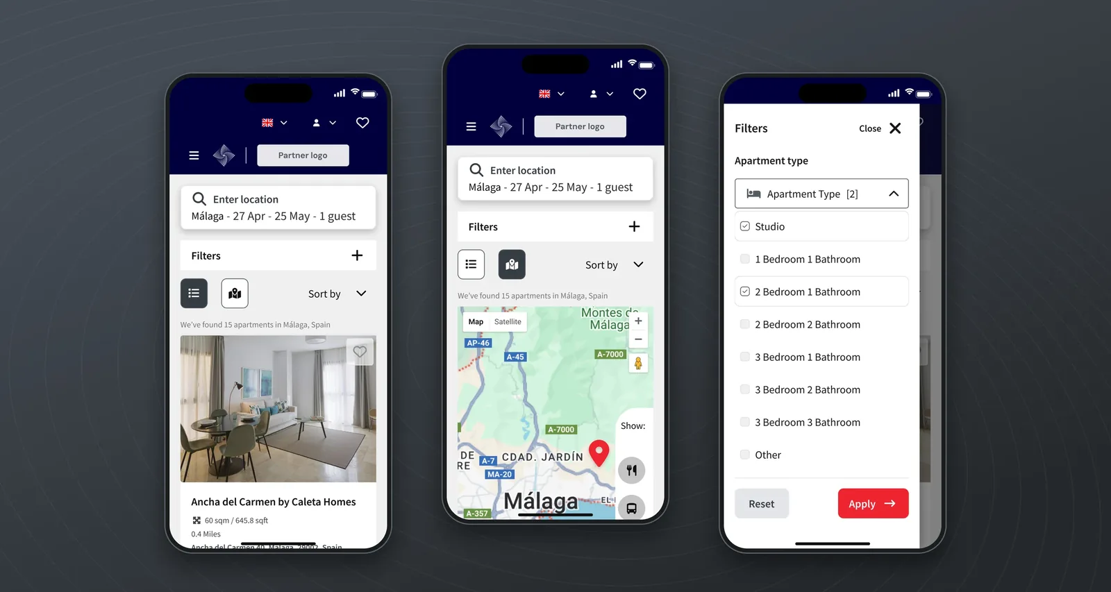 Three CAPStore mobile screens: search results as a list, the same results on a map, and the filters panel with two apartment types selected.